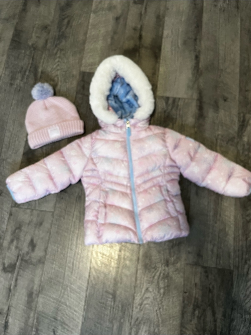 Pink Toddler Puffer Jacket with Faux Fur Hood + Knit Pom Hat size 4T
